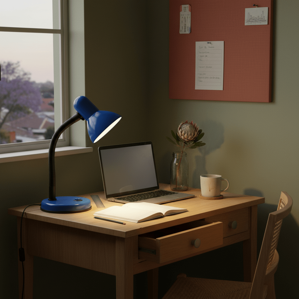 Blue desk lamp with a flexible neck on a white background