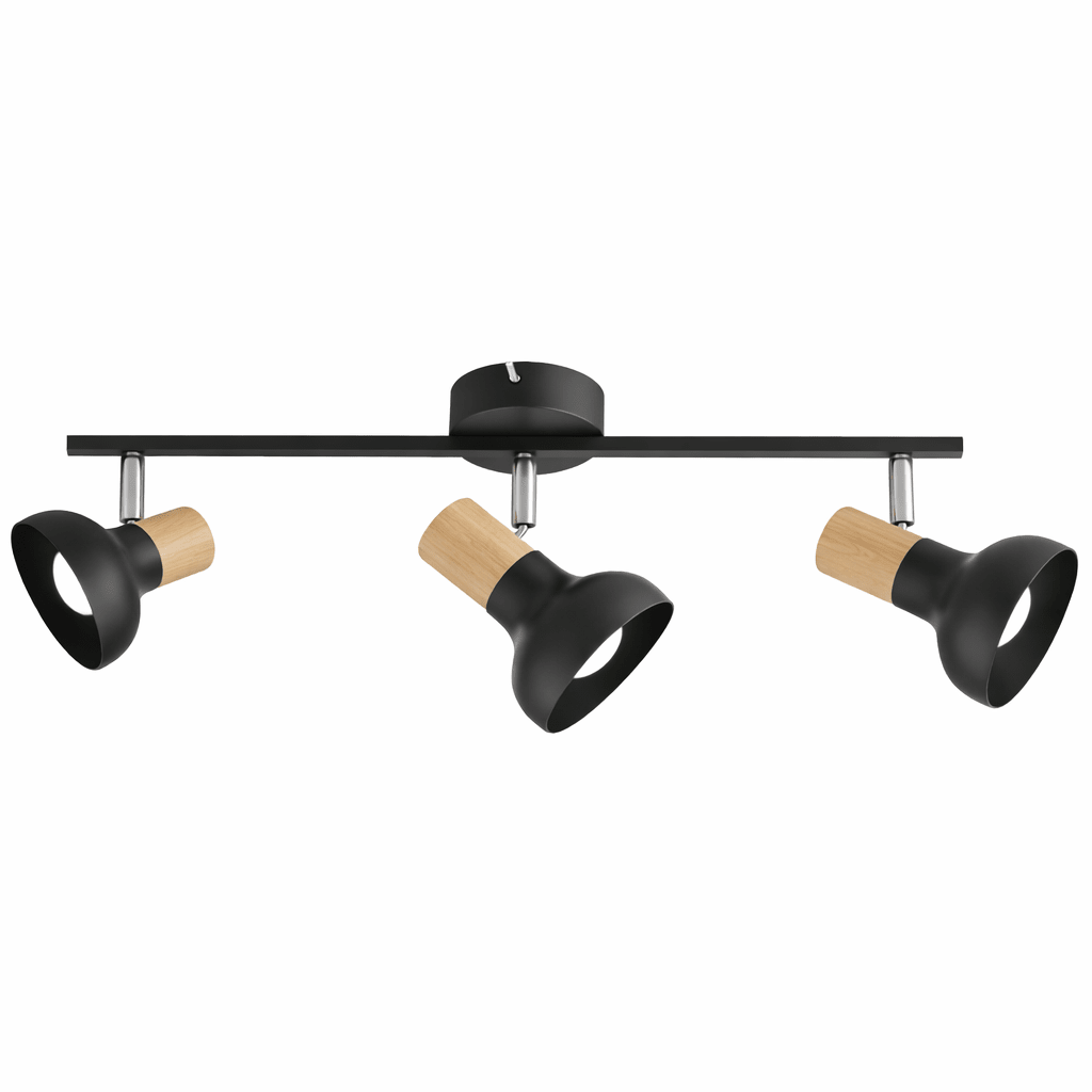 Black ceiling light fixture with wooden accents on a white background