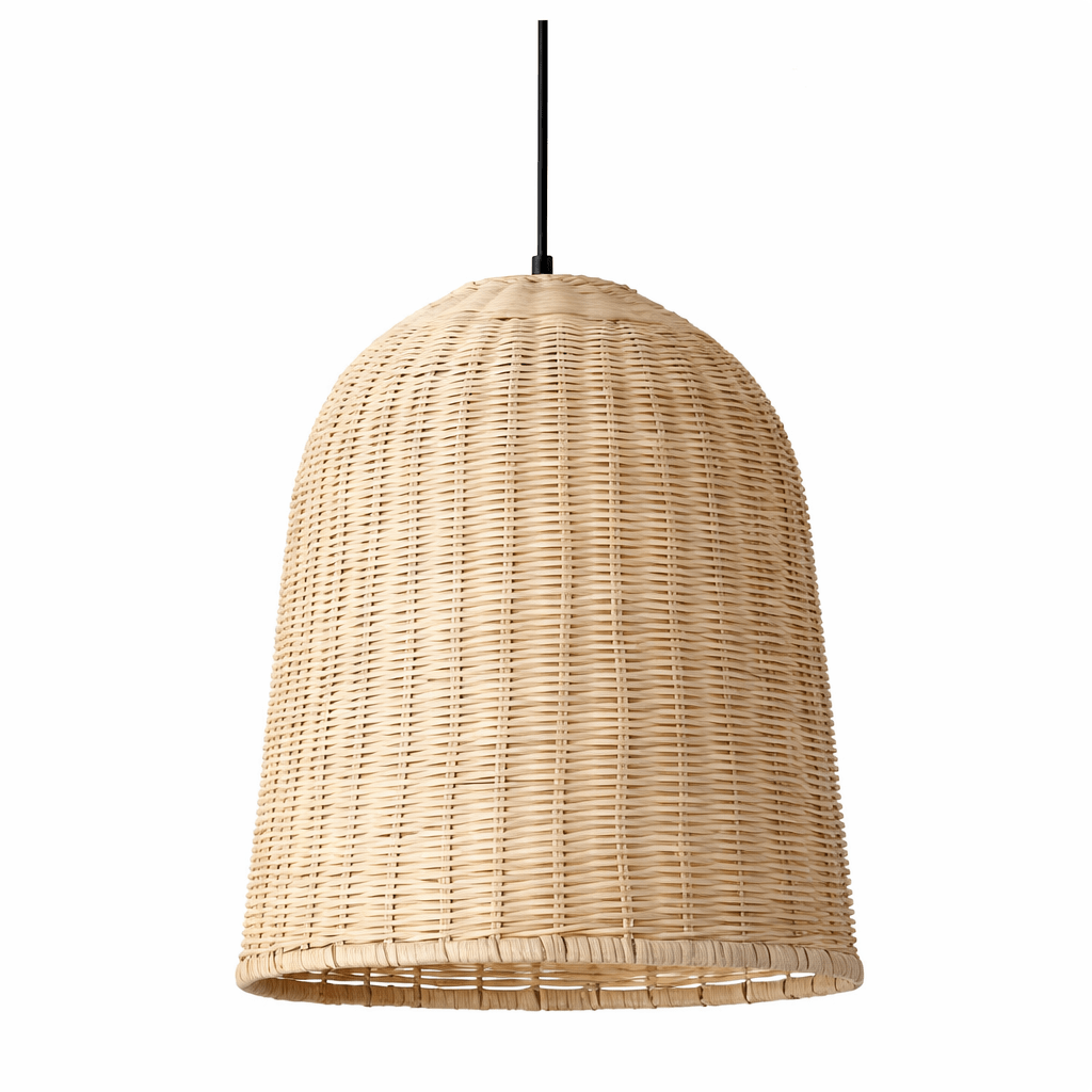 360mm rattan pendant light with a woven shade and black metal detailing, suspended against a white background.