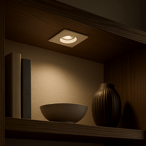 LED cabinet light installed on a wooden shelf, illuminating books and decorative items with warm light.