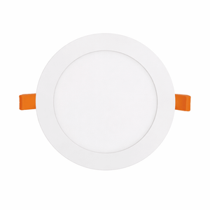 LED recessed downlight with adjustable clips, featuring a sleek white design and orange mounting clips.