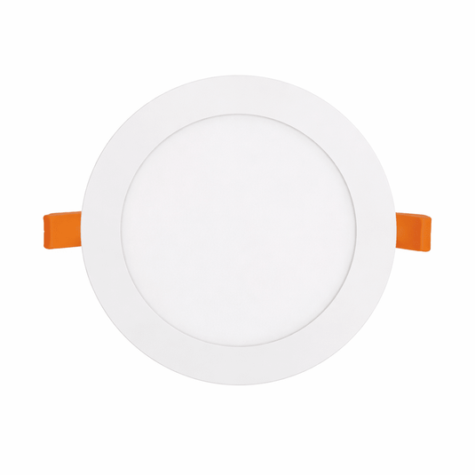 LED recessed downlight with adjustable clips, featuring a sleek white design and orange mounting clips.