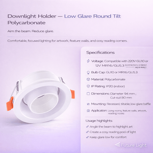 Detailed view of a low glare round tilt downlight holder in white polycarbonate with specifications.