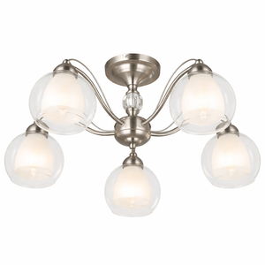 5 Light Satin Chrome Chandelier featuring clear and frosted glass shades, elegantly designed for modern interiors.