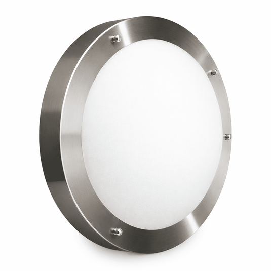 Round wall light fixture with metallic frame and white glass on a white background