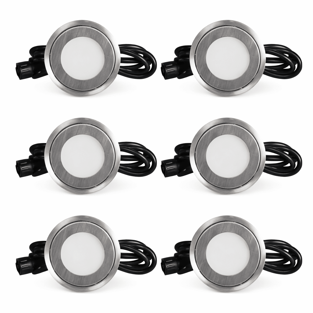 Six circular LED lights with silver rims and white bulbs on a white background