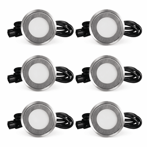 Six circular LED lights with silver rims and white bulbs on a white background