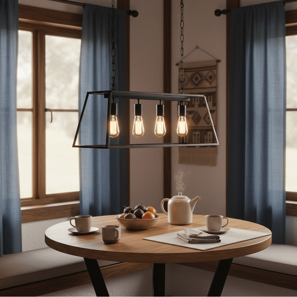 Rustic rectangular lantern pendant light above a wooden dining table with coffee cups and fruit bowl.