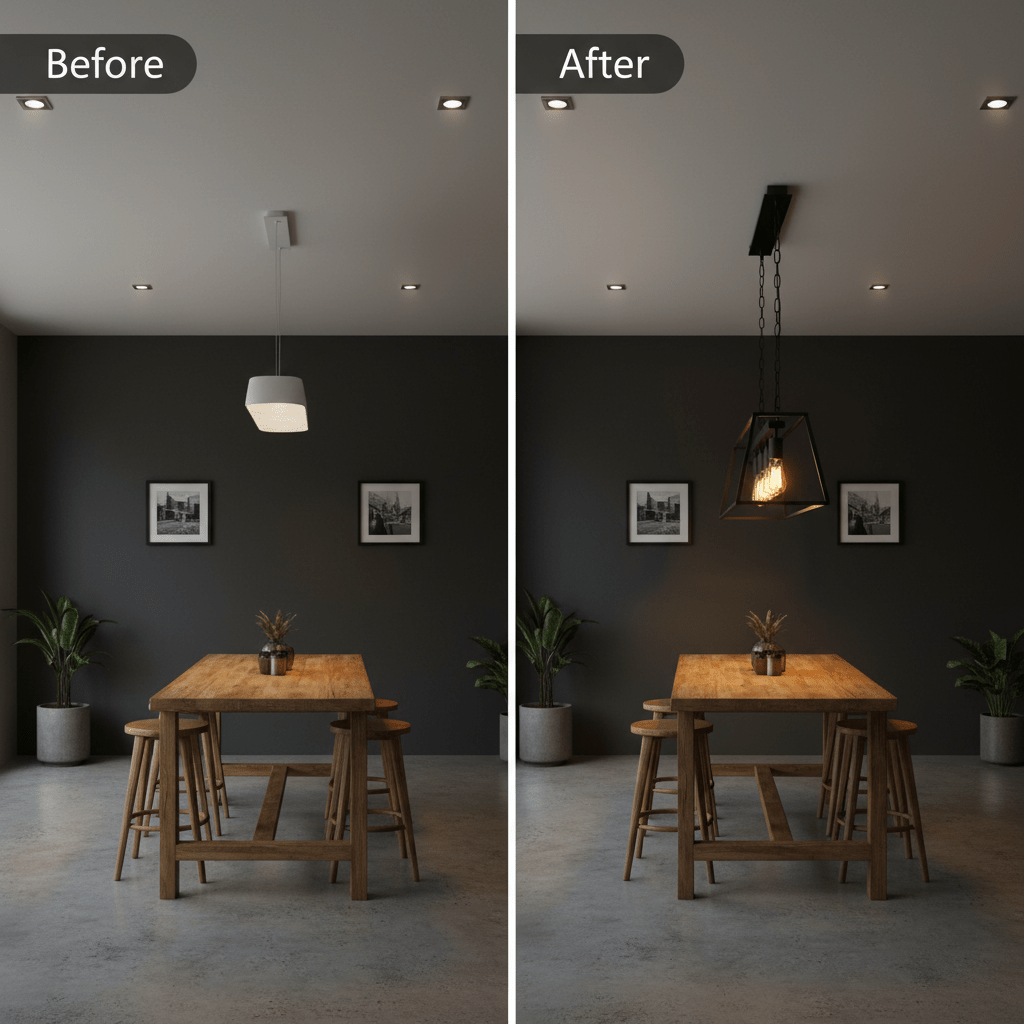 Before and after comparison of a dining area featuring a rustic lantern pendant light.