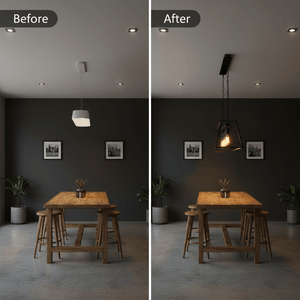 Before and after comparison of a dining area featuring a rustic lantern pendant light.