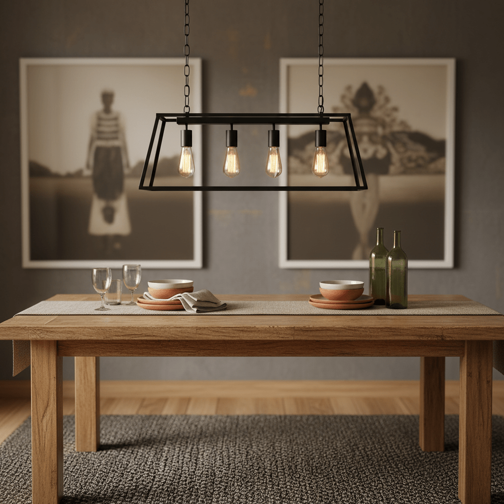 Rustic rectangular lantern pendant light above a wooden dining table set with dishes and glasses.