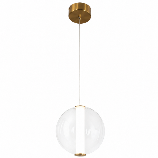 Pendant light with clear glass shade and gold accents on a white background