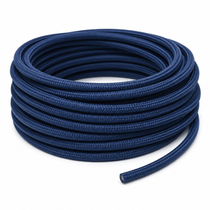 Coiled blue 2-core fabric cable, showcasing a flexible and decorative design for indoor wiring projects.