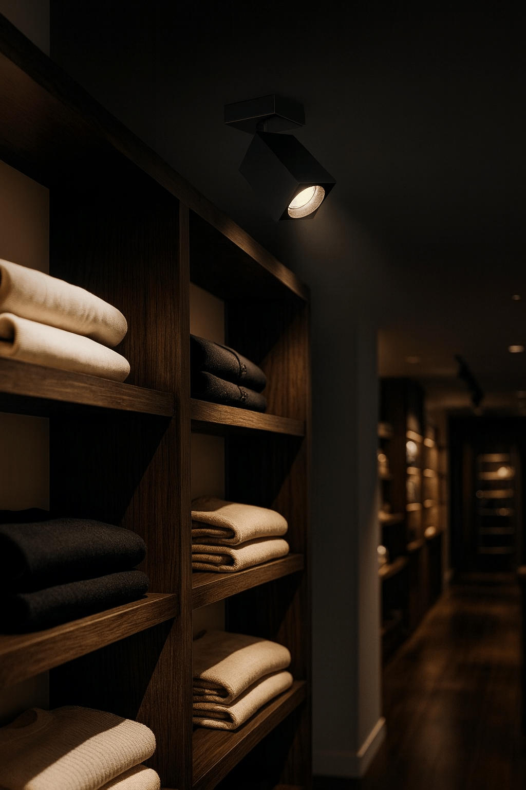Matt black square spotlight mounted above neatly arranged towels on wooden shelves in a dimly lit space.