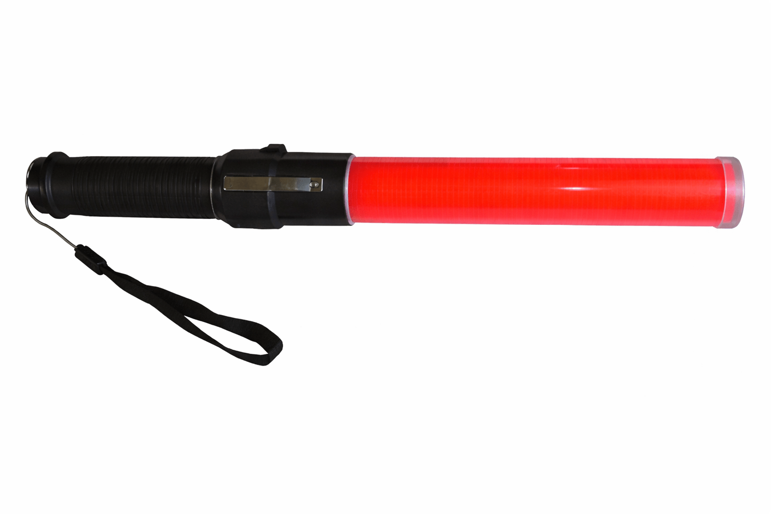 Red baton with black handle on a white background
