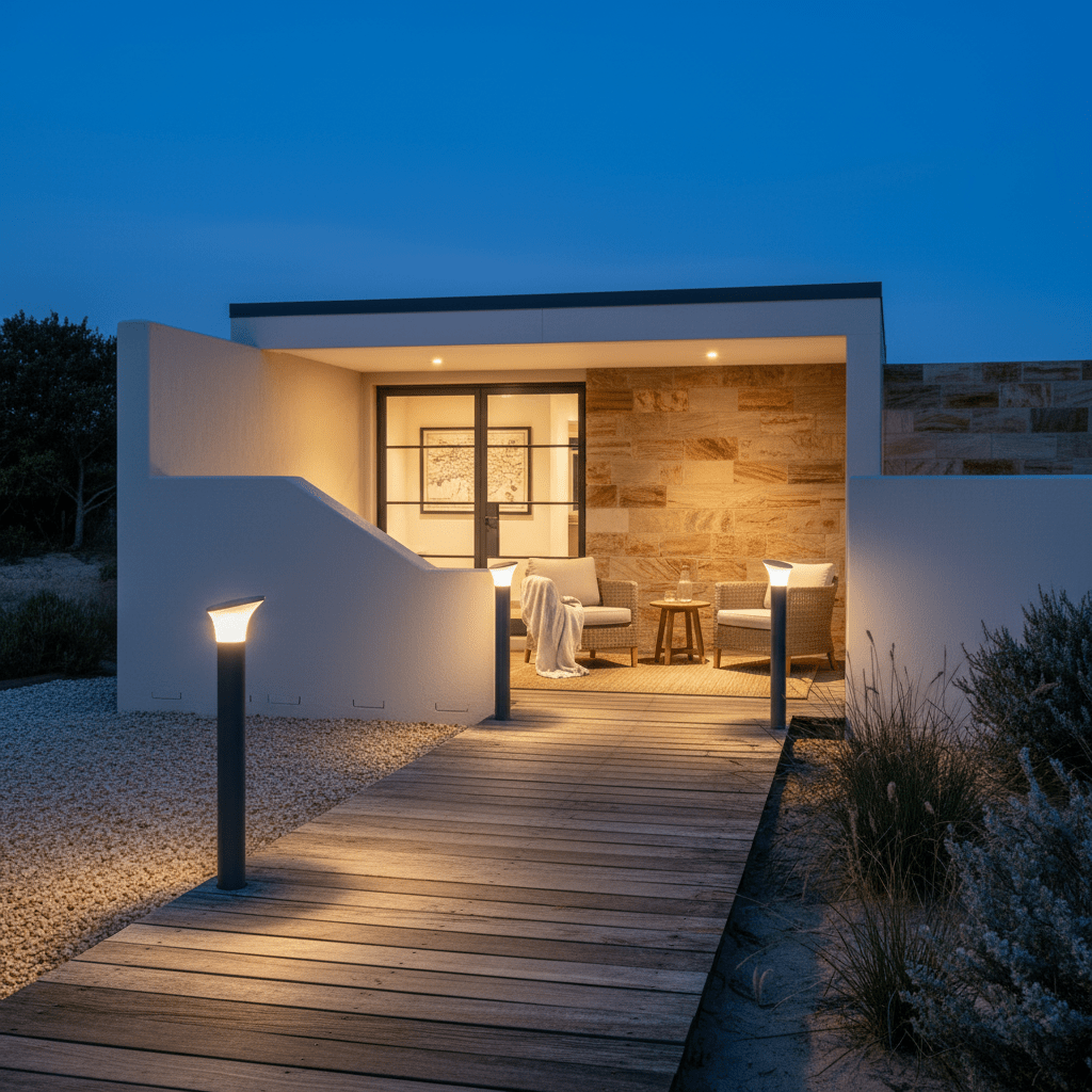 Two Athena Anthracite Bollards illuminate a wooden pathway leading to a modern outdoor seating area.