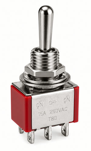Mini DPDT toggle switch with red body, metal lever, ON OFF ON markings, and solder terminals