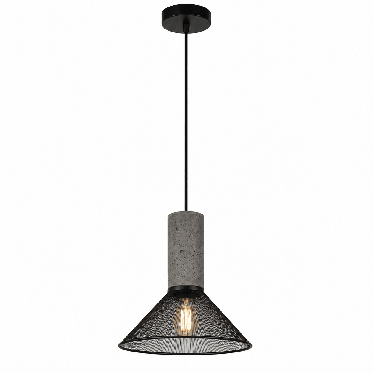 Detail view of a modern pendant light featuring a textured stone body and black mesh shade.