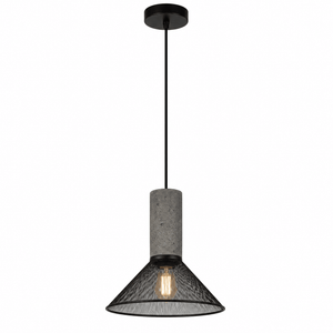 Detail view of a modern pendant light featuring a textured stone body and black mesh shade.