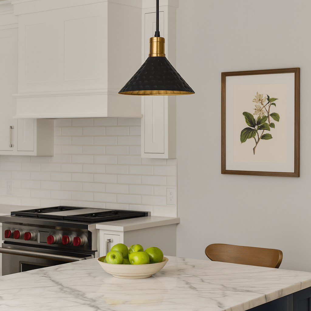 Modern kitchen with marble island, pendant light, and framed artwork.
