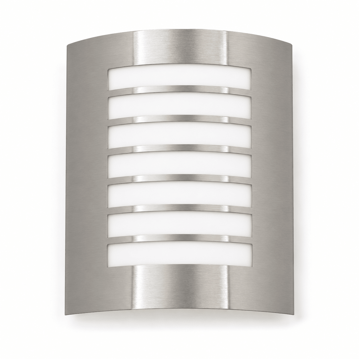 Metallic wall light fixture with horizontal stripes on a white background