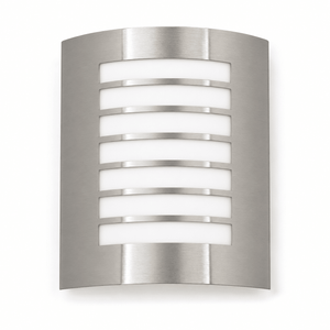 Metallic wall light fixture with horizontal stripes on a white background