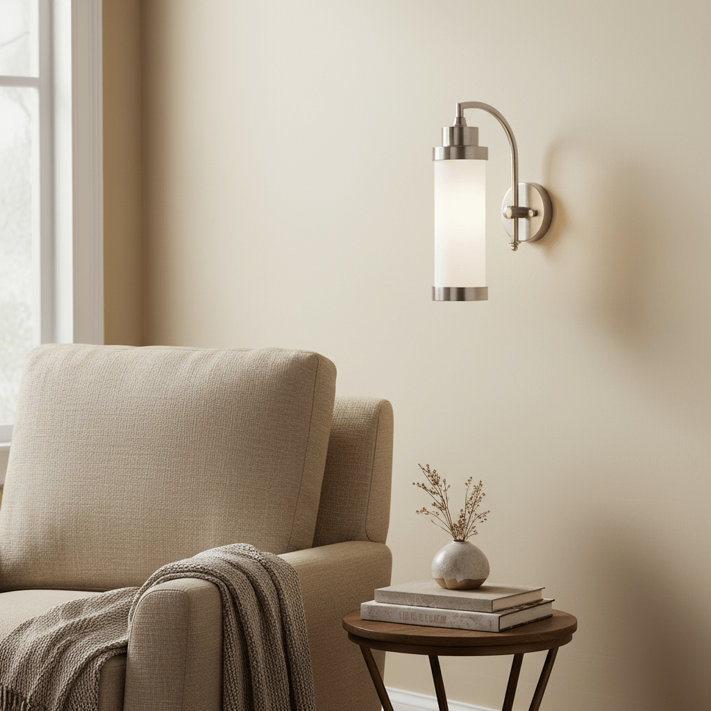 Antique silver Kerala Wall Lamp mounted beside a cozy beige couch, illuminating a warm indoor space.