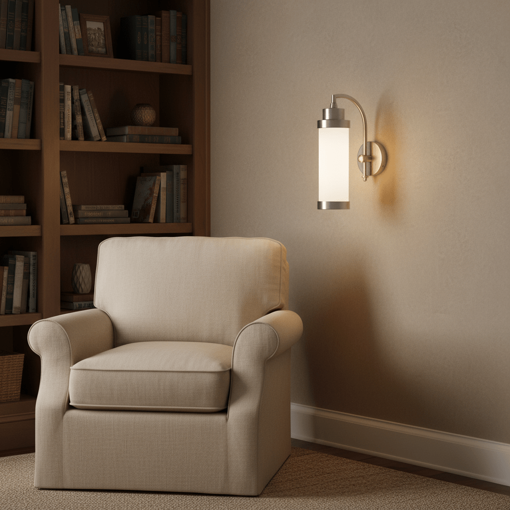 Antique silver Kerala Wall Lamp mounted beside a cozy armchair in a warm, inviting reading nook.