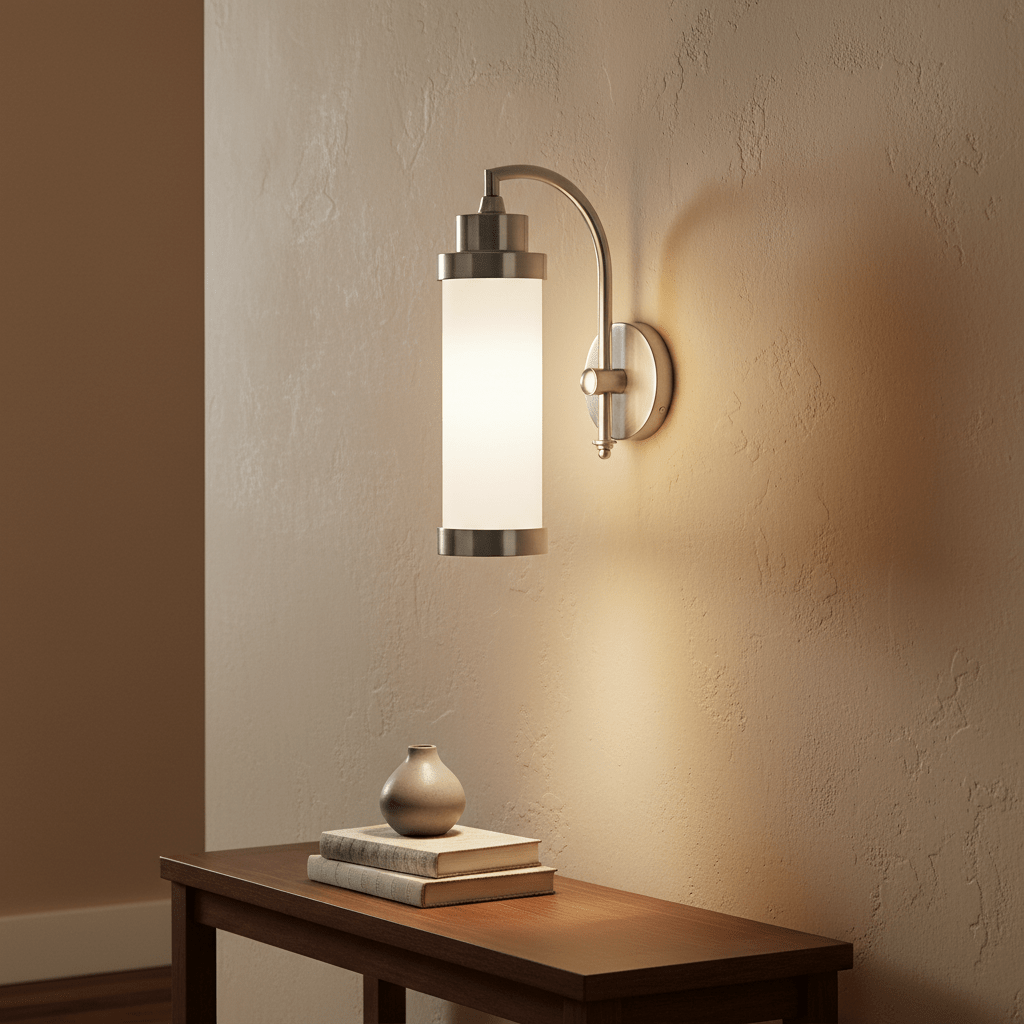 Antique silver Kerala Wall Lamp mounted on a textured wall, illuminating a wooden table with decor.