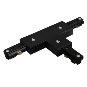 Black 3-wire T-connector for track lighting, featuring a T-junction design and metal fittings.