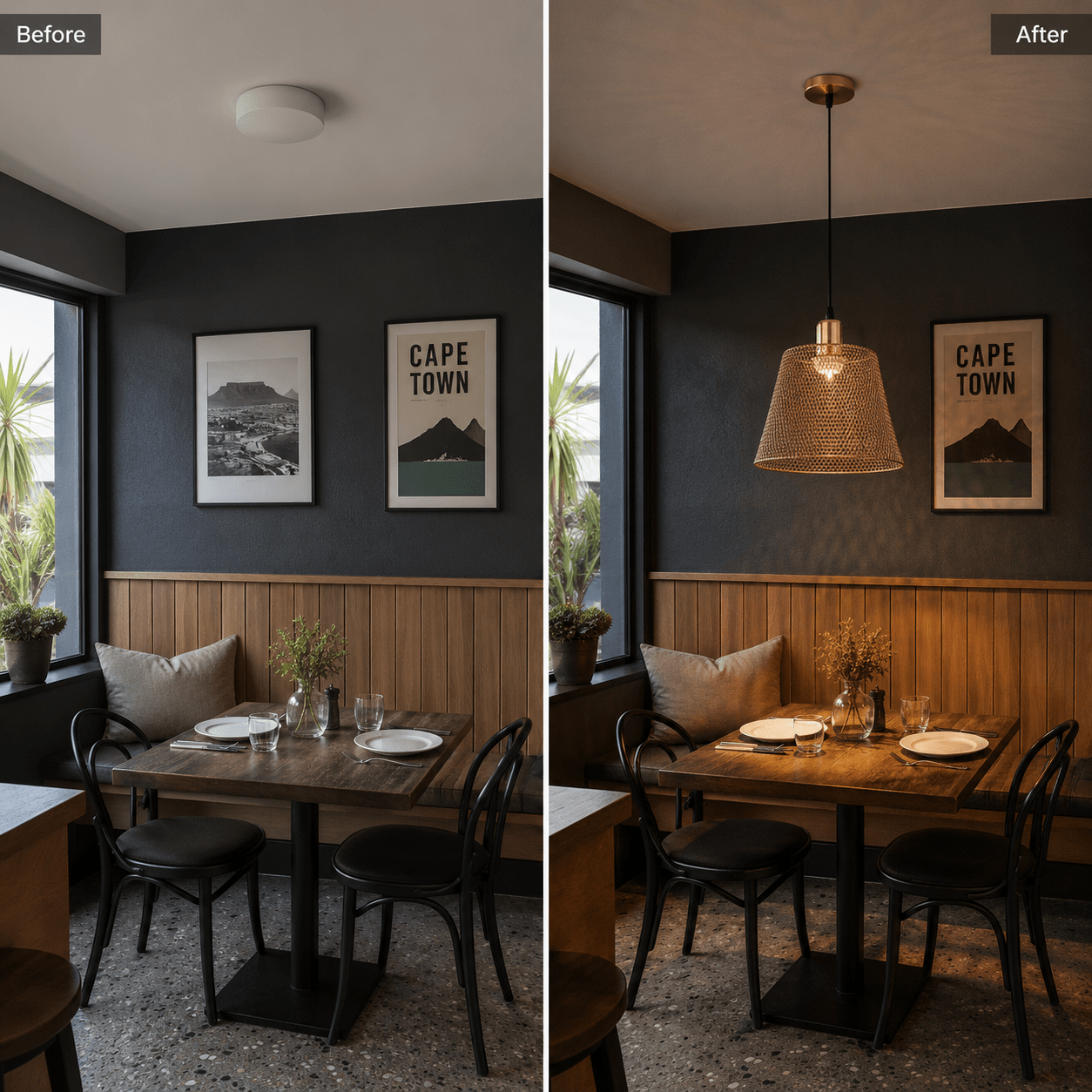 Before and after comparison of a dining space with a steel mesh rose gold pendant light.