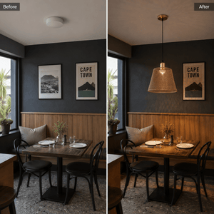 Before and after comparison of a dining space with a steel mesh rose gold pendant light.