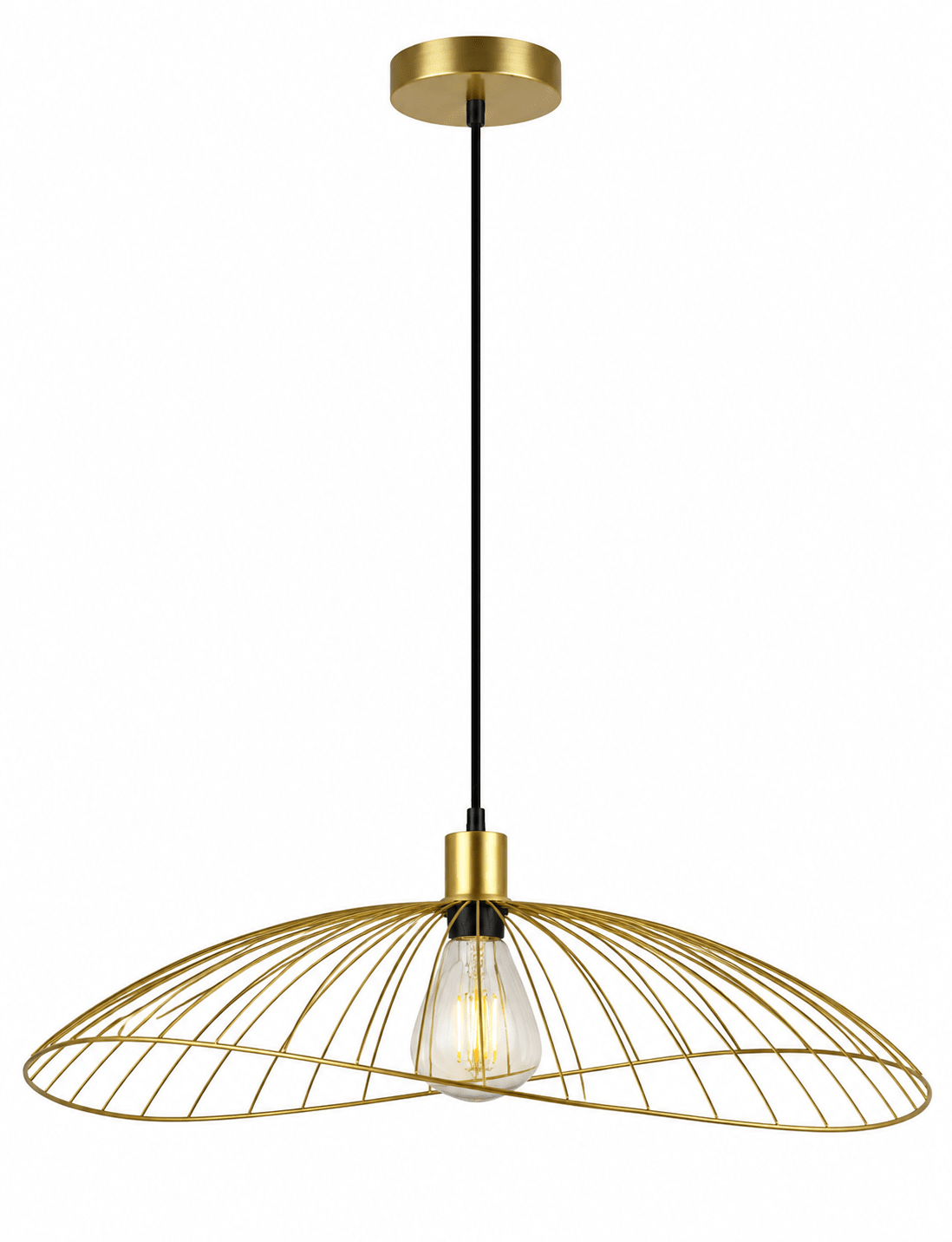 Satin-gold pendant light with an open wire design, ideal for dining or kitchen islands.