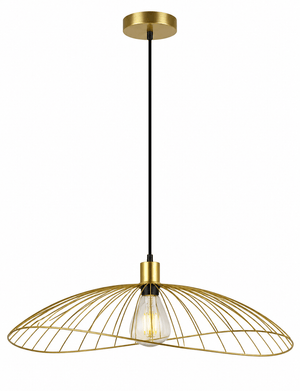 Satin-gold pendant light with an open wire design, ideal for dining or kitchen islands.