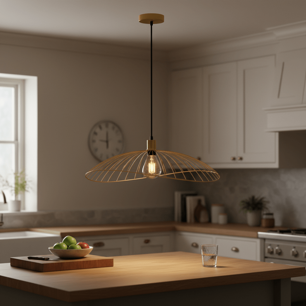 Satin-gold Sensu Solo pendant light hanging over a kitchen island with a bowl of fruit and a glass of water.