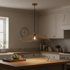 Satin-gold Sensu Solo pendant light hanging over a kitchen island with a bowl of fruit and a glass of water.