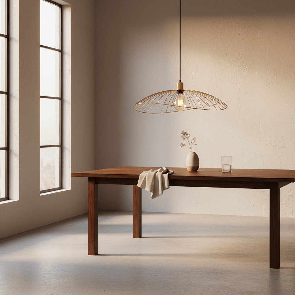 Satin-gold Sensu Solo pendant light hanging above a wooden dining table with a vase and glass.