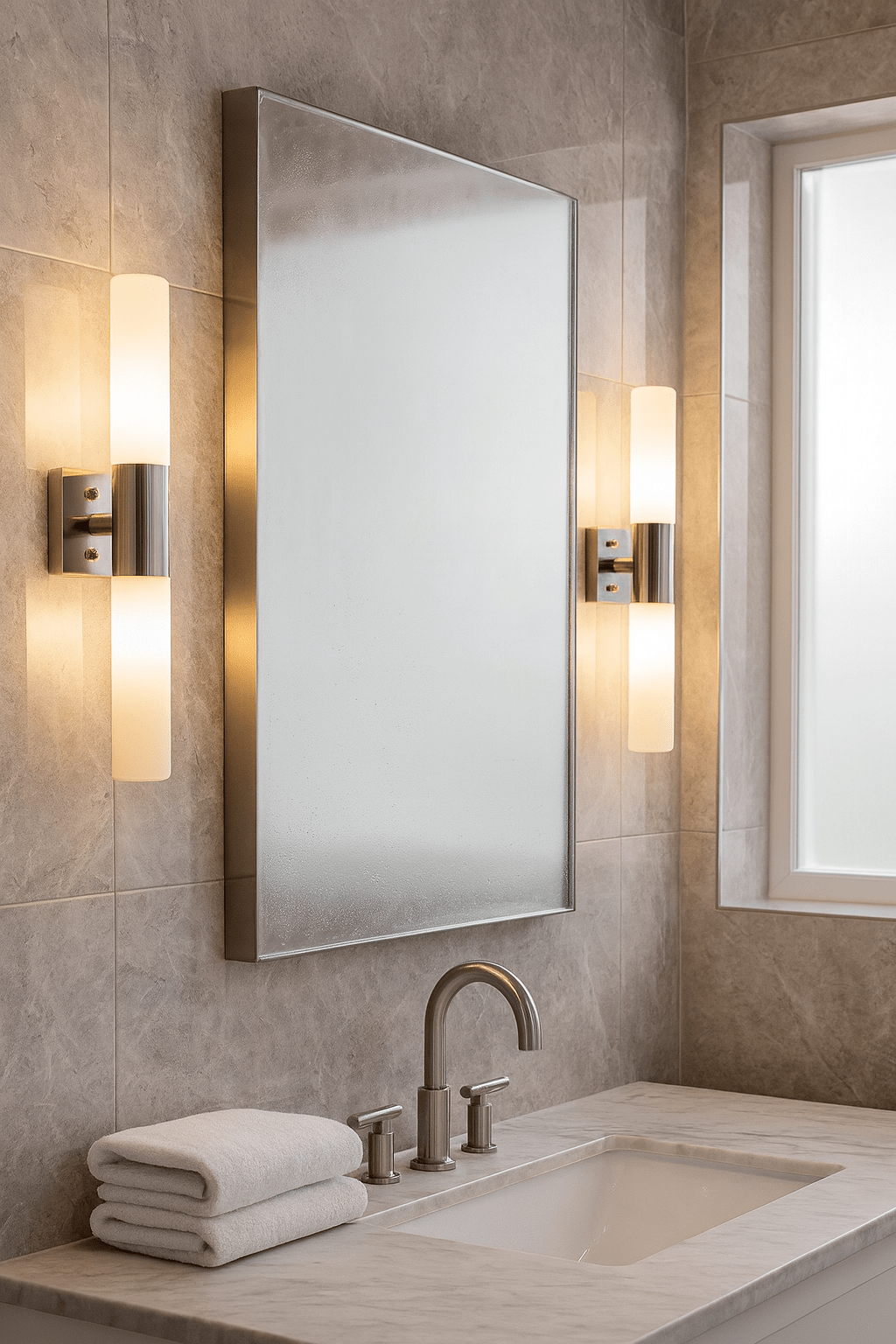 Slim polished aluminium LED mirror light for mounting above a bathroom vanity