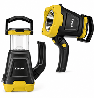 LED spotlight and lantern combo with a durable casing, featuring a handle and rubberized lens protector.