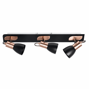 Modern ceiling light fixture with black and copper design on a white background