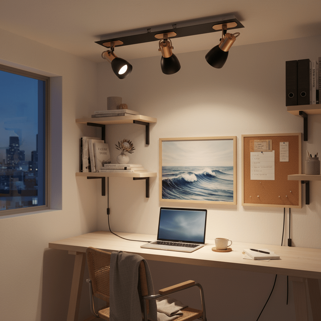 A modern black and copper spotlight illuminates a stylish home office with a desk, laptop, and wall art.