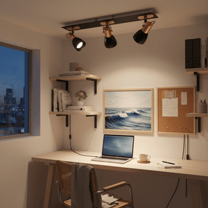 A modern black and copper spotlight illuminates a stylish home office with a desk, laptop, and wall art.