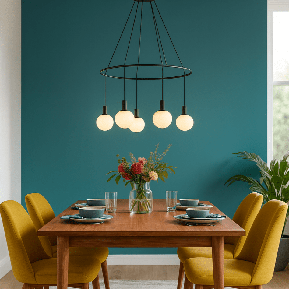 Dining room with a wooden table, yellow chairs, and a modern chandelier against a teal wall.