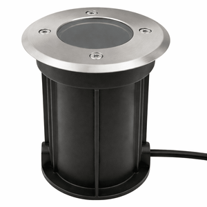 Stainless steel recessed ground light with a round design and weatherproof seal, ideal for outdoor use.