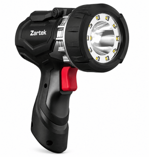 Zartek LED spotlight with a strong beam, featuring a durable black and red design.