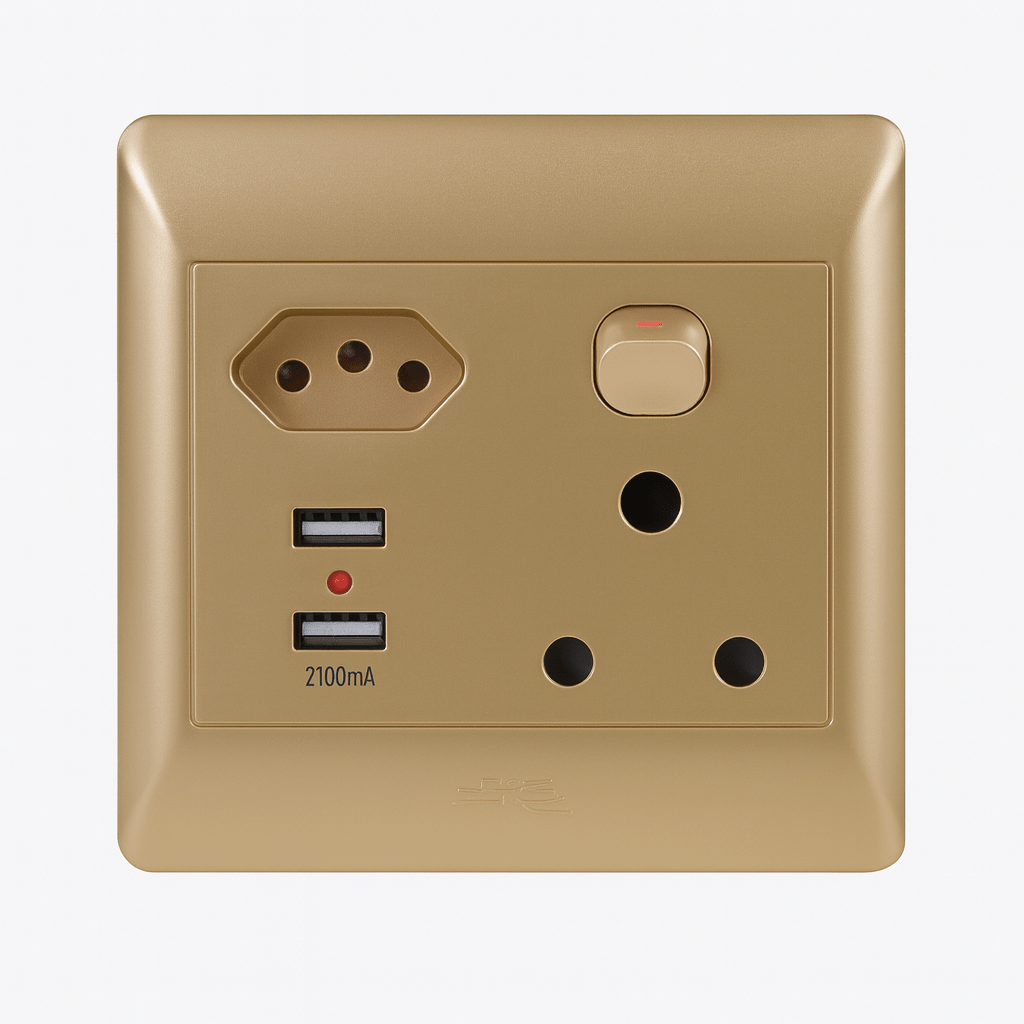 Choosing a USB-C multi-plug in South Africa, neat power setup with USB-C phone charging, standard plug sockets and office electronics, 800x800 realistic composition