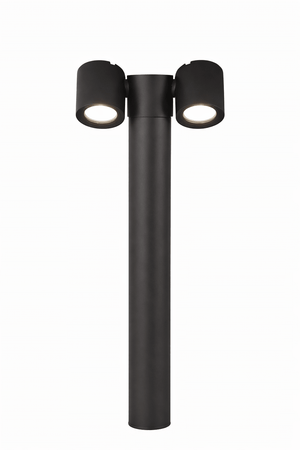Double adjustable GU10 bollard light with two heads on a sleek black pole.