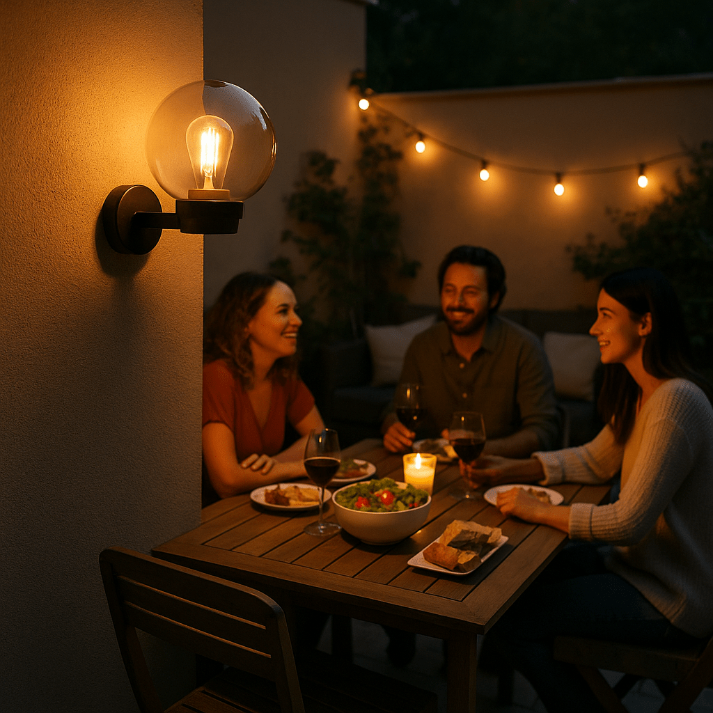 A stylish black outdoor wall light illuminates a cozy dining scene with friends at night.