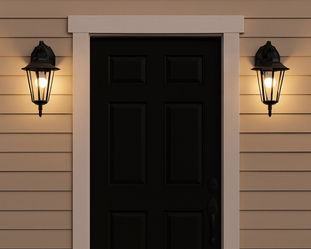 Black front door with sleek outdoor lighting fixtures on a beige house exterior.