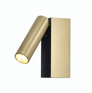 Modern wall light fixture with gold and black design on a white background